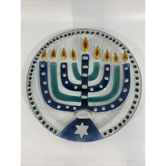 Lori Siebert For Silvestri Fused Glass Menorah Hanukkah Plate New In Box - Picture 1 of 11